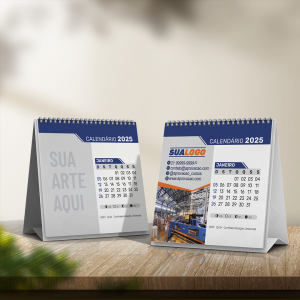 CALENDÁRIO DE MESA WIRE-O Base em couche 300g e miolo em couche 150g L 13,5 x A 14 x cm Colorido 4x4 Sem revestimento extra Vinco e encadernação wire-o branca Sem extras